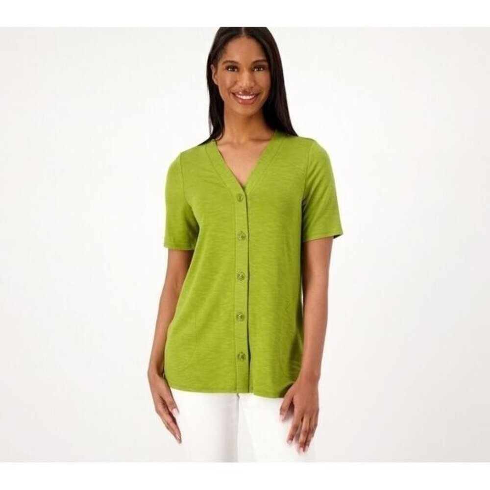 Susan Graver Weekend Womens Large Moss Green Button Up Cardigan Short‎ Sleeve